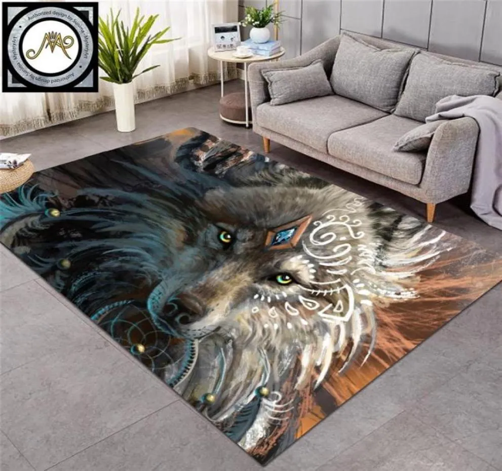 Wolf Warrior by SunimaArt Large Carpet Wolf Area Rugs for Living Room Dreamcatcher Floor Mat Nonslip tapis 152x244cm Dropship327i3709286