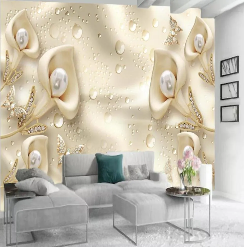 Niestandardowa tapeta 3D luksusowa biżuteria kwiatowa lilia motyl do salonu sypialnia telewizja tła naklejka na ścianę naklejka na płótnie cu3764292