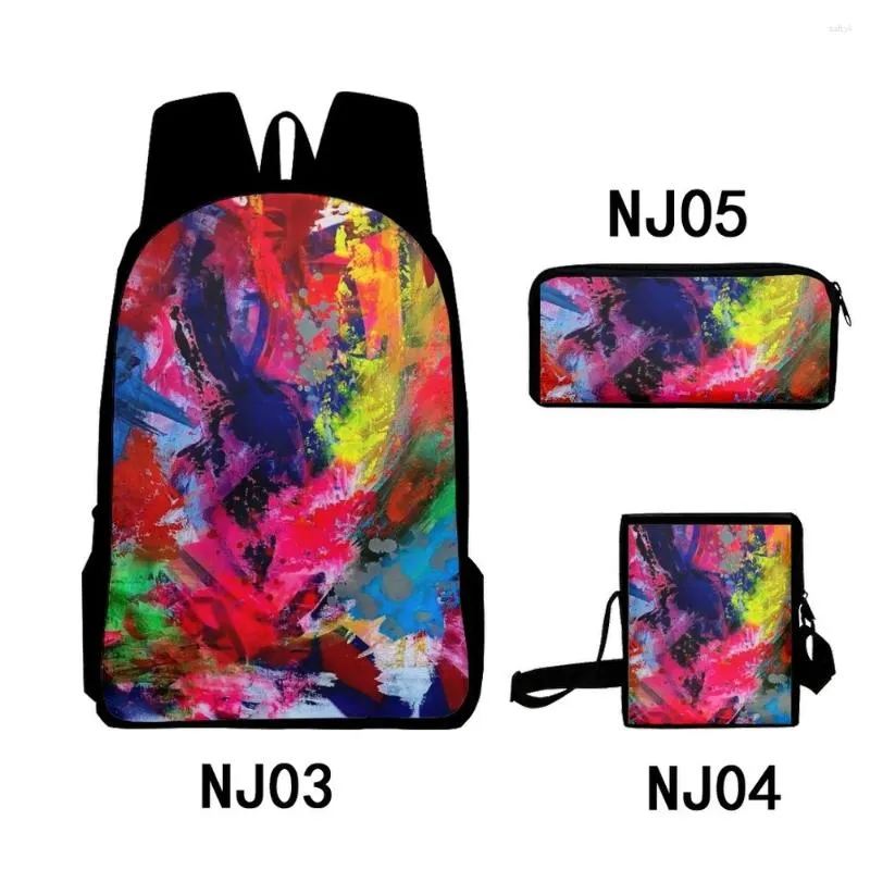 Ryggsäck hiphop ungdomlig slipsfärgad graffiti oljemålning 3d tryck 3st/set resväskor bärbar dagpack axelväska blyertsfodral