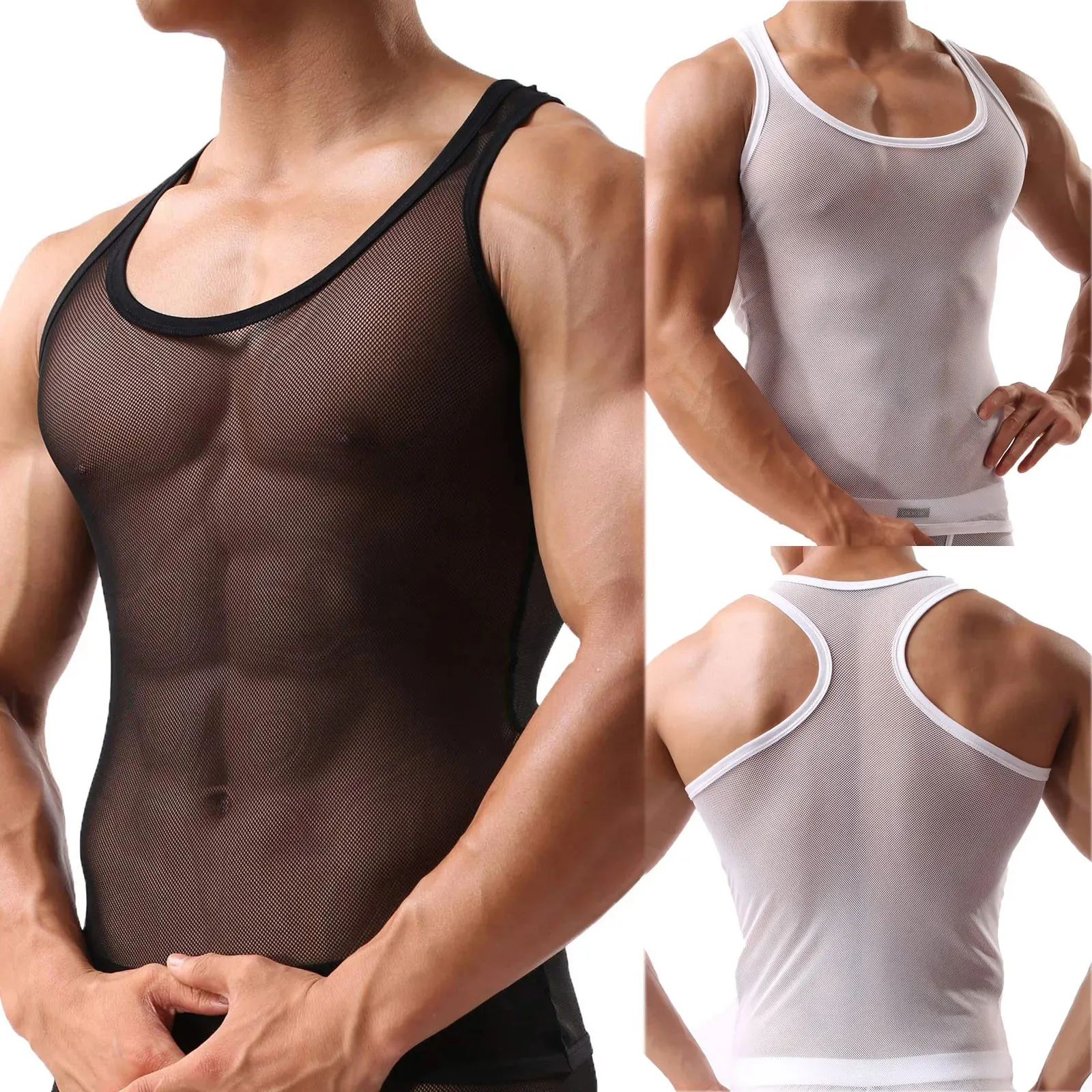 Homens subiram camisetas sexy transparentes tanques de tanques elásticos de colete elástico mangas mangas tsshirt tshirt singlet esportes 240429