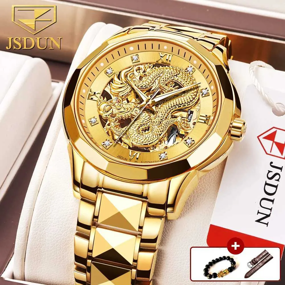 Zegarstka Jsdun marka luksusowe automatyczne mechaniczne es dla mężczyzn Gold Dragon Waterproof Fashion Unikalny prezent Relogio Masculino D240430