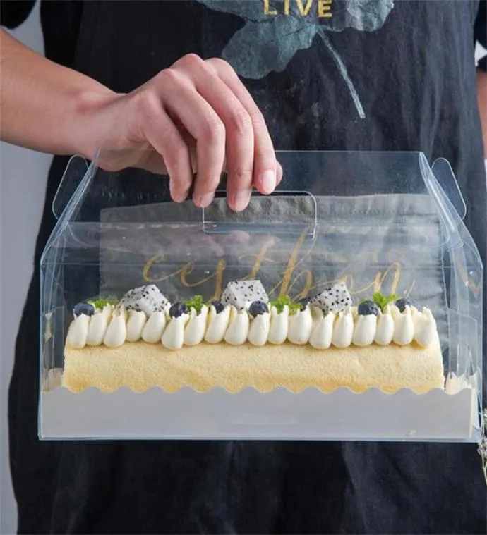 Boîte d'emballage de rouleau à gâteau transparent avec poignée Boîte à gâteau de fromage en plastique transparent respectueux de l'écofrien