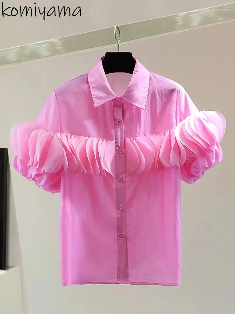 Kadın bluzları tek göğüslü kamaralar eklenmiş ağır taylı gömlekler kısa kollu blusas düz ropa mujer 2024 yaz üstleri