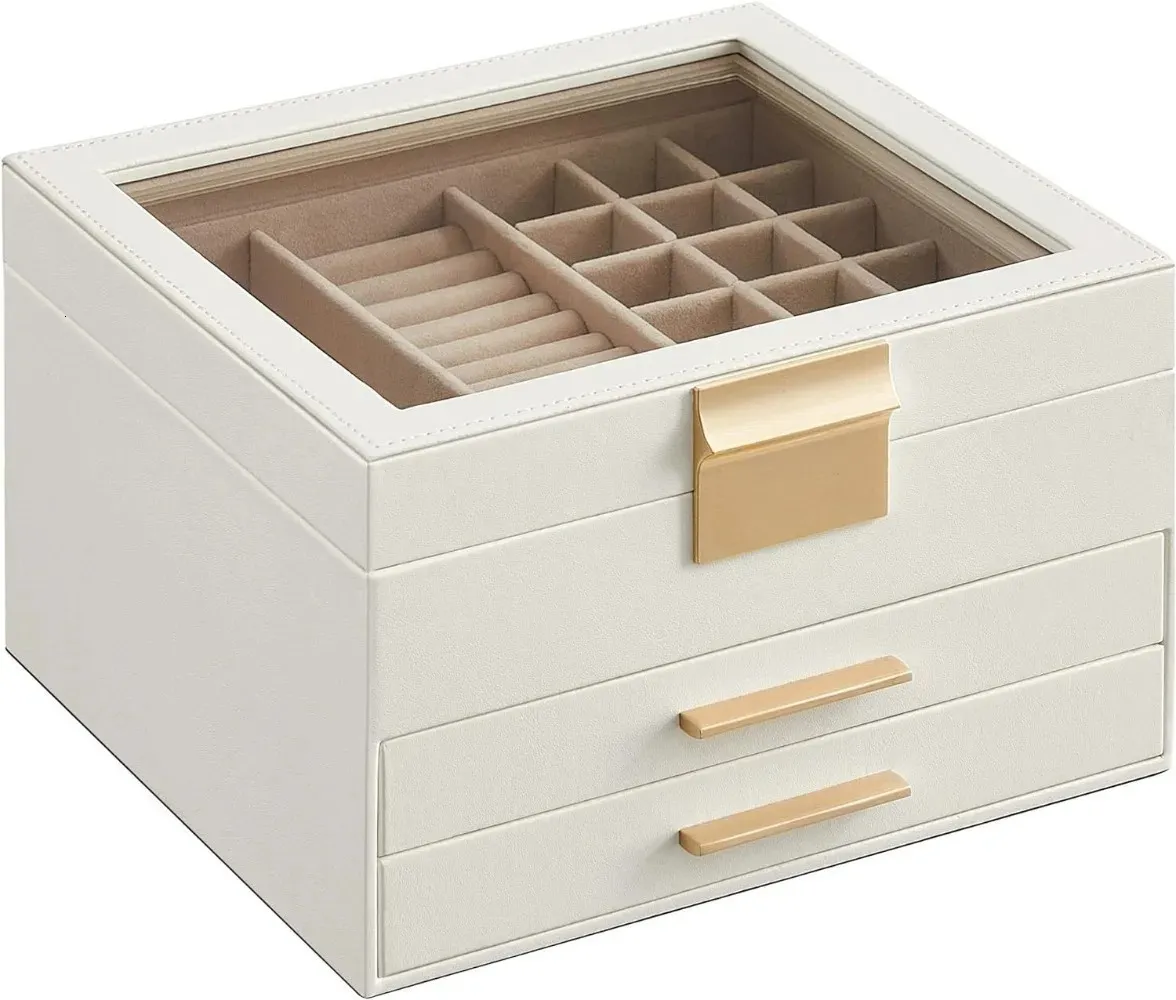 Songmics Jewelry Box ze szklaną pokrywką 3 -Wayer Organizer 2 szuflady do dużego i małego przechowywania 240415