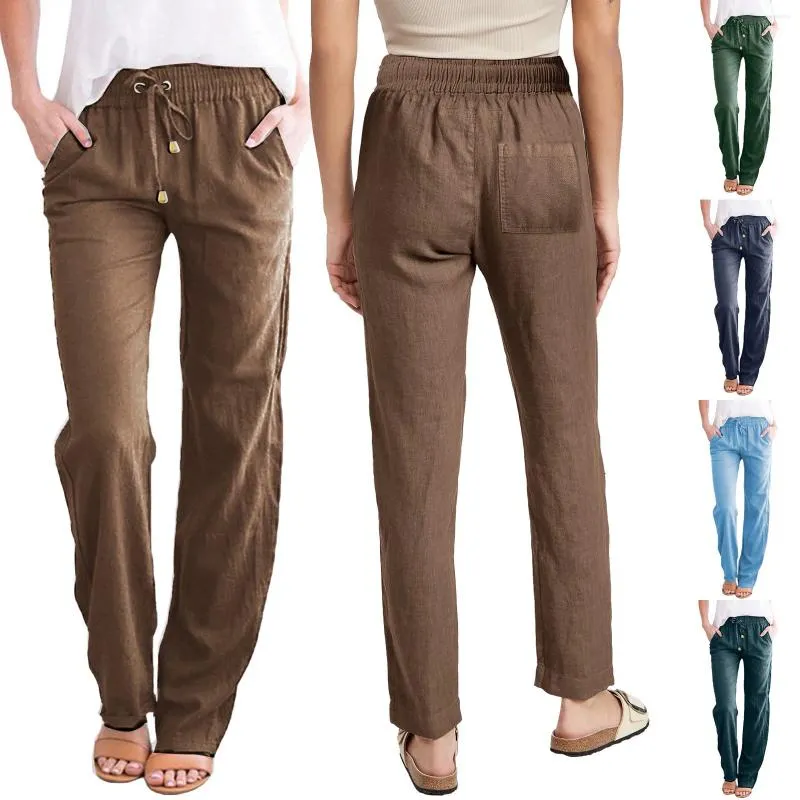 Calça feminina de cor sólida Casual Casual Casa Casa e linho com damas de bolso Longo de perna reta Longa calças longas