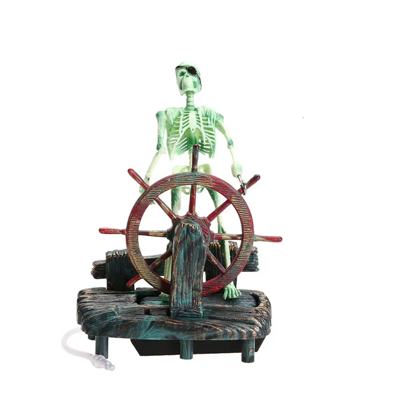 Hars Pirate Skull Captain Aquarium Decorations Landschap Skeletwiel Actie Vistank Statue Ornament Decoratie 240429