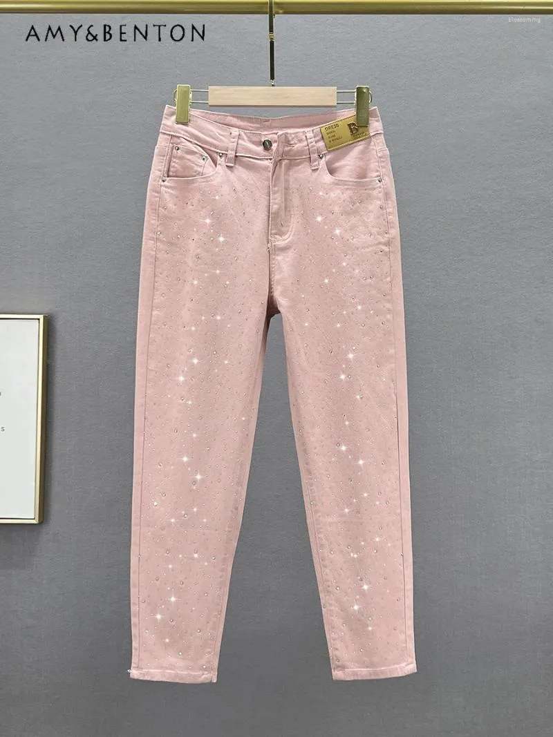Women's Jeans Thin Women Spring Summer High Waist Loose Slim Rhinestone Casual Cropped Pants Office Lady Fashion All-Match Skinny