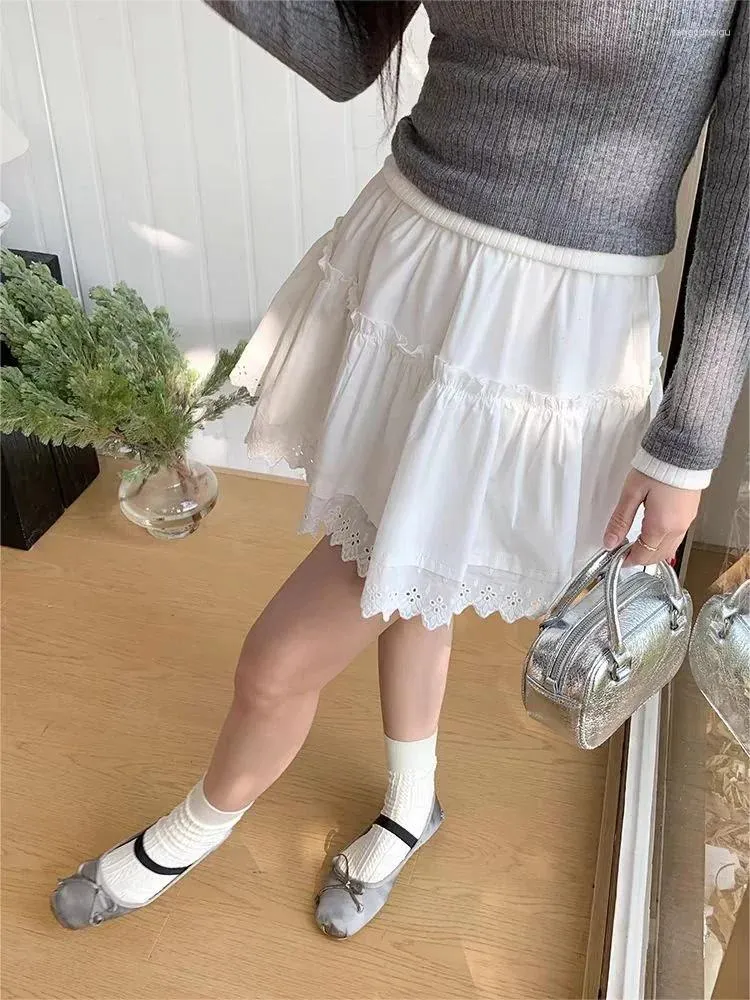 Skirts Vintage Women Ruffles Lace Trim White Summer Solid High Waist A-line Short Skirt Cute Sweet Preppy Style Mini