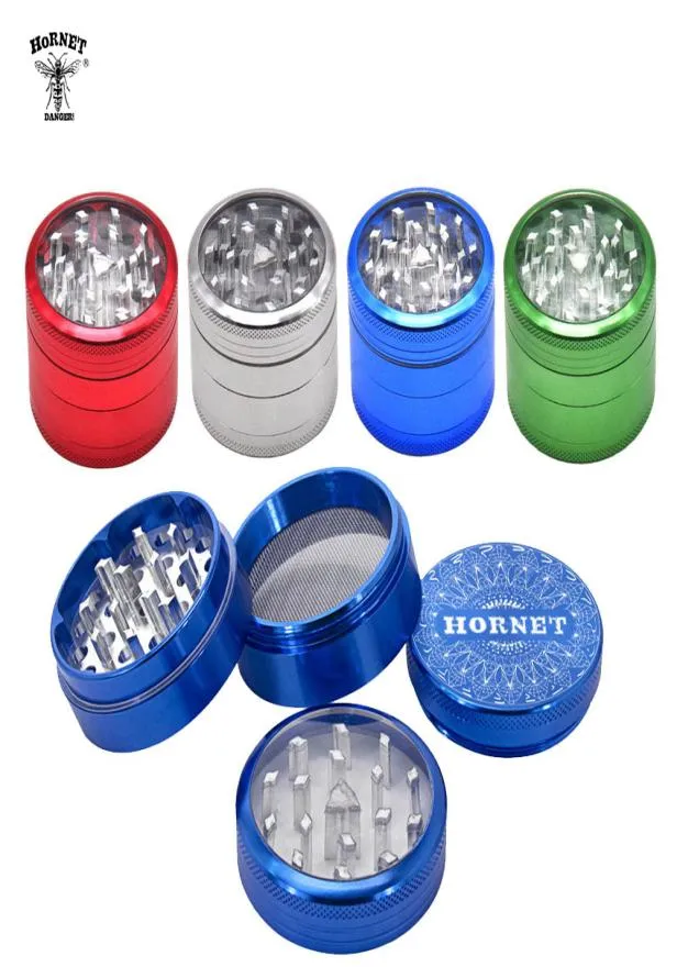 Hornet Aluminium Fumer Grinder 50 mm 4 pièces Clear Top Grinder Metal Tobacco Herb Grinders avec Spice Catcher Fmoke Pipe Accesso8898855