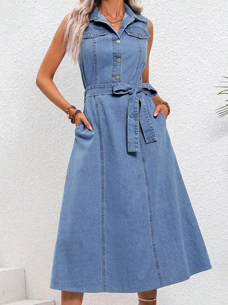 Denim Dress Women Sleeveless Belted Mid-Length Jean Dress with Pockets for  Summer Streetwear from Dhgate Basic & Casual Dresses - price 56.43