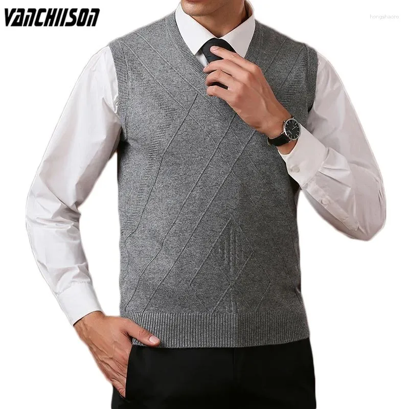 Herenvesten mannen 14% wollen gebreide tank mouwloze trui jumpers vest basic voor herfst winter v nek solide kleurbedrijven mode casual 00314