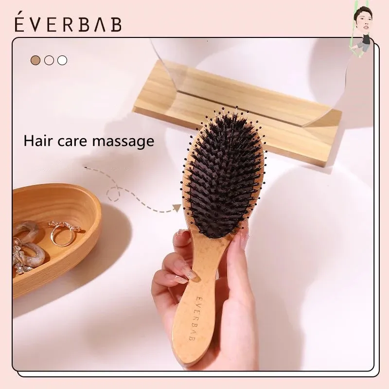 Everbab Pig Hair Cushion Camion Cam Wooden Col de la madera Cocador de cuero cabelludo Massage Massage Bolso de aire portátil Bolso 240428