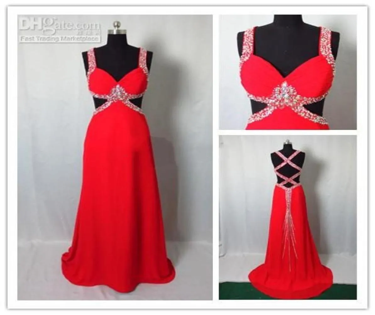 Robes de bal rouge avec des perles de cristal colorées 2019 Spaghetti sexy Backless sans mousseline de mousseline