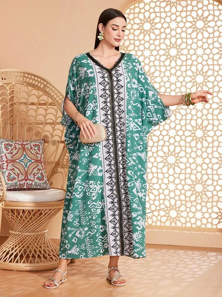 Vêtements ethniques Femmes Imprimez l'été lâche Abaya Muslim Kaftan Arabe Robe Dubai Caftan Hippie Party Gown Morocco Djellaba Islamic Jalabiya