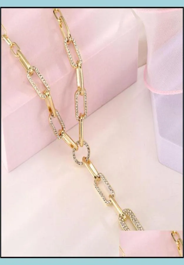 Chains Necklaces Pendants Jewelry Gold Sier Color Paper Clip Thick Chain Necklace Female Sweater Aessories Shiny Rhinestone Stit5041312