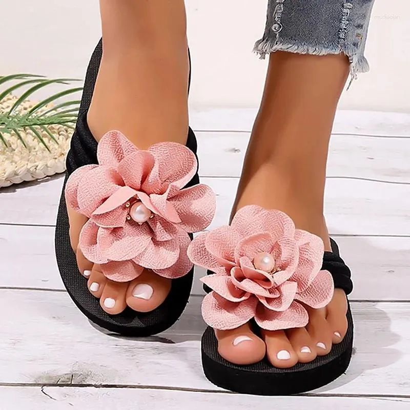 Slipare Flower Pearl Flip Flops for Women 2024 Summer Platform Clip Toe Woman Casual Slip-On Wedge Slides Sandaler Plus Size 43