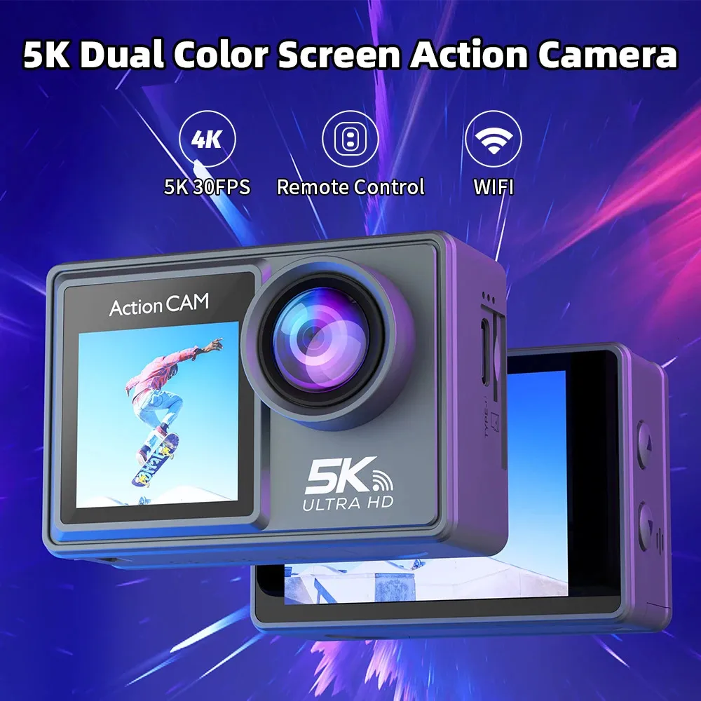 Caméra d'action 5k 30fps double écran 4k 60fps 170 ° grand angle de sport imperméable 30m avec télécommande CAM de plongée à vélo 240418