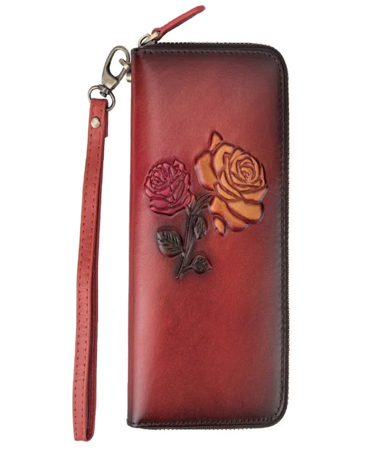 Oryginalne skórzane portfele vintage flora drukarnia kobiety żeńska skórzana sprzęgło torebka na rękę długą rękę torbę na telefon Purse5131850