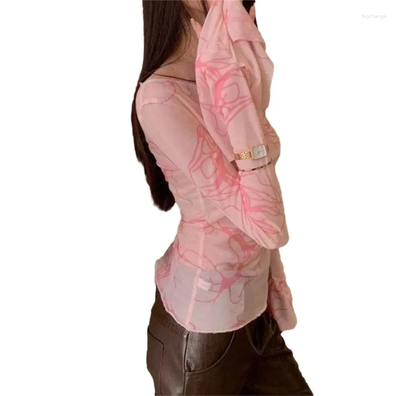 Camisetas para mujeres Mole de malla Top de manga larga Vea a través de la camisa Blusa del cuello transparente saliendo