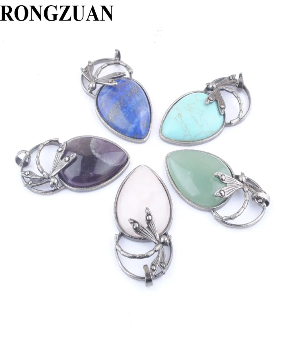 Naturalny kamień szlachetny wiszący wodę wiszka urocza Dragonfly Brąz Starożytna srebrna biżuteria Dangle Charms Turquoise Aventurine Lapis DBN2414913