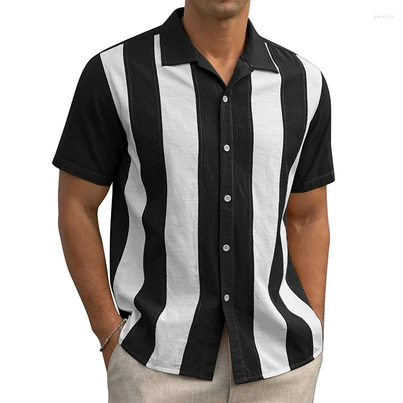 Casual shirts voor heren contrast Kleur Gestreepte patchwork Summer Men Mode Turn-Down Collar Button Cardigan Mens Tops Shirt Short Sleeve shirt