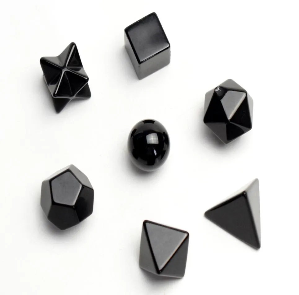 Natural Chakra Black Agate Carved Crystal Healing Platonic Solids Sacred Geometry Symbols with Merkaba Star7600763