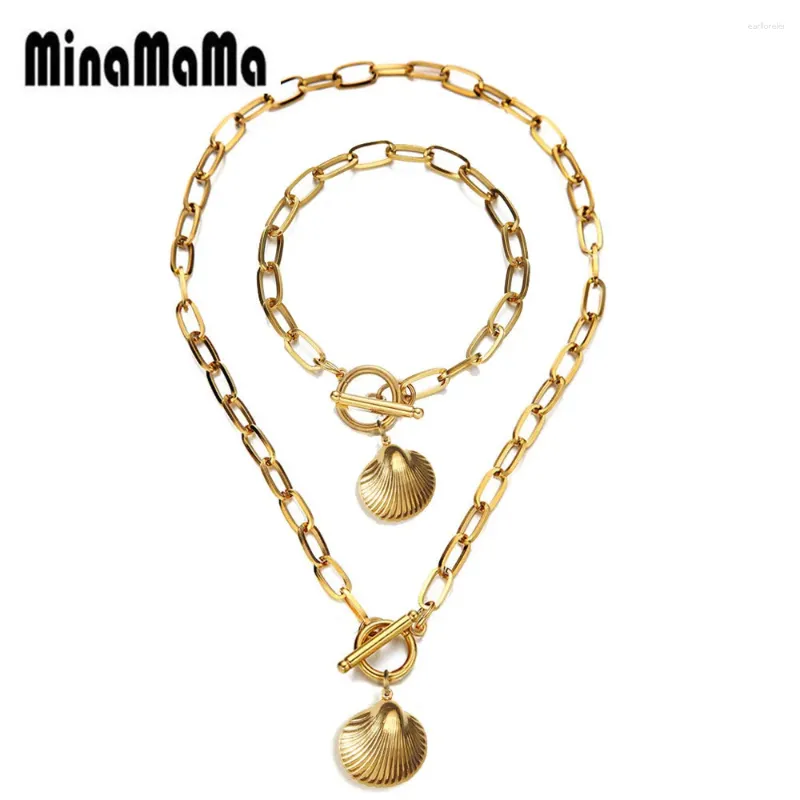 Necklace Earrings Set Stainless Steel Paperclip Chain Shell For Women Vintage Toggle Bracelet Sets