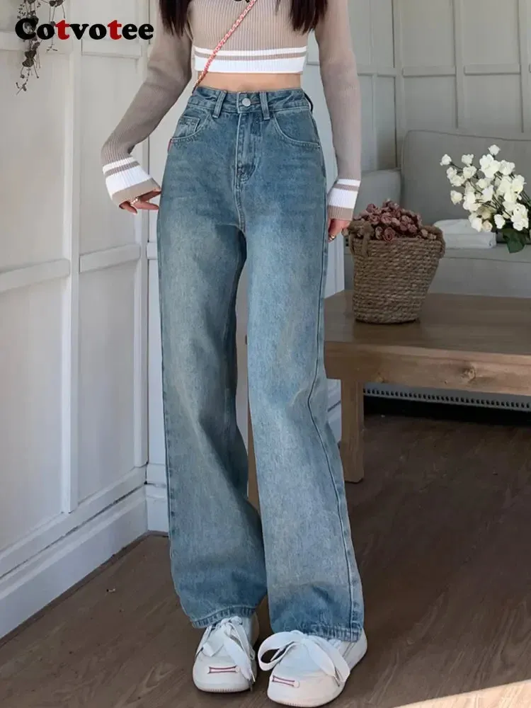 Jeans blu cotvotee per donne coreane Corea Casual Casual High Chic Vintage Mom Straight Full Long Y2K Pants 240416