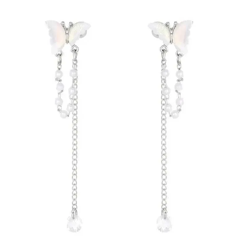 Charm Exquisite Gradient Pearl Butterfly Earcuff Clip Earrings Girls Women Fashion Long Tassel Crystal Hanging Earring Wedding Jewelry