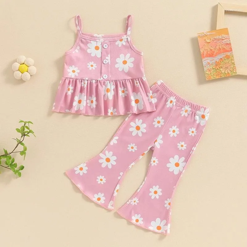 衣類セット幼児の女の赤ちゃん2ピース夏の服デイジーベルボトムス衣装リブ付きニットノースリーブタンクトップフレアパンツセット