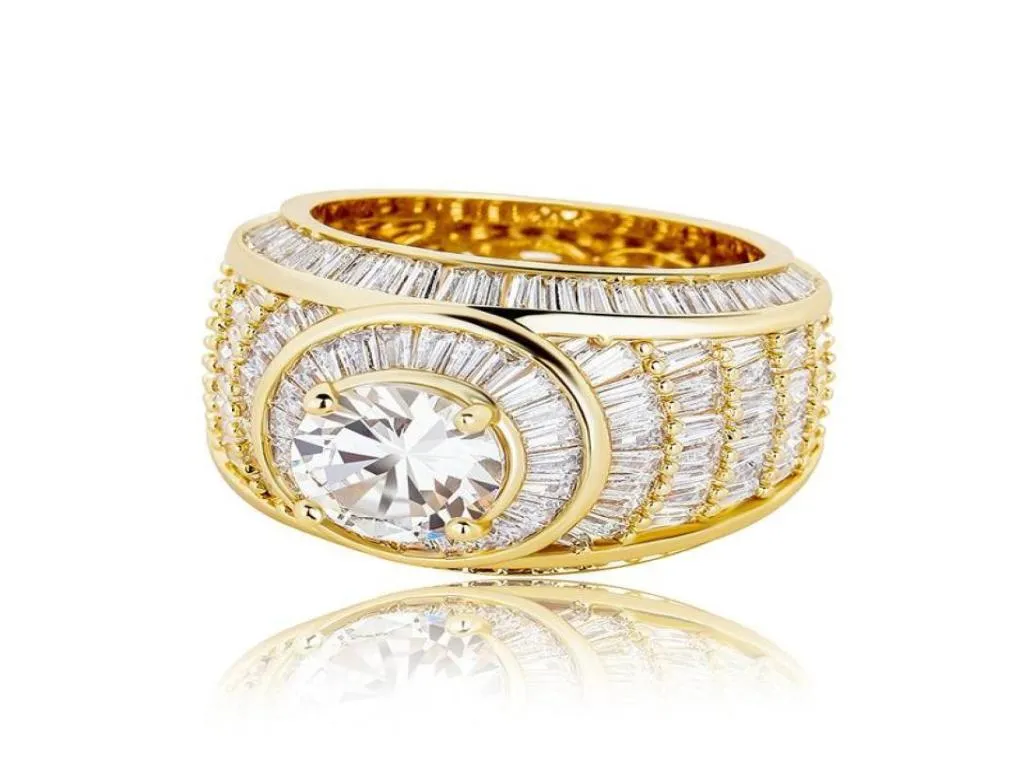 Cobre de cristal completo com pedras laterais anéis de bling picada de zircão cúbico anel de noivado de hip hop para homens mulheres cor de ouro acc3325156