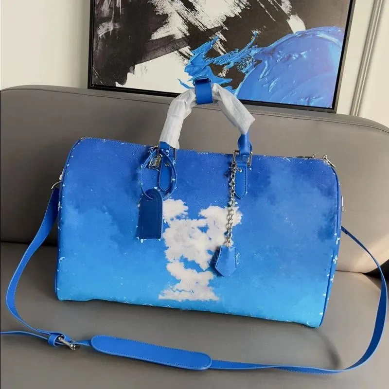 LOULS VUTT Blue Travel Messenger Designer Leather Shoulder Luggage Bag Genuine Leather Mens Blue Duffel Bags White Cloud Travel Bag Tot Bpni