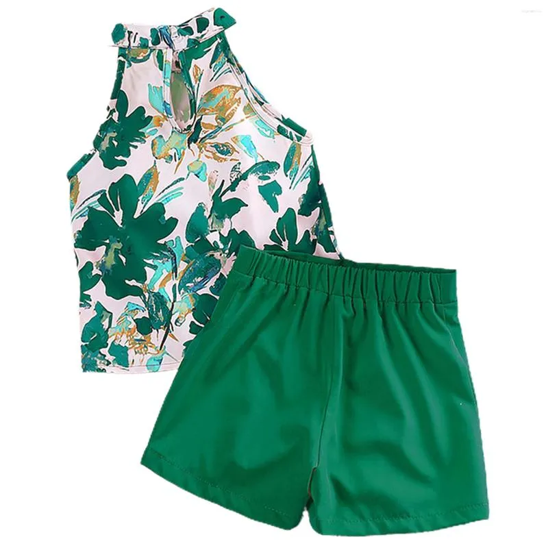 Set di abbigliamento Girls Summer Outfit a due pezzi con pantaloncini di colore solido Design a bottone Imposti per gli amici che raccolgono abbigliamento