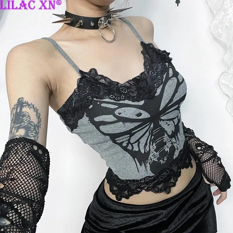 Frauen Tanks Goth Goth Grey Butterfly Print Spitzenausstattung Korsett Crop Top Y2K Sexy Vintage -Gurte Schlanke Camis Sommer Fashion Tanktops Streetwear Streetwear