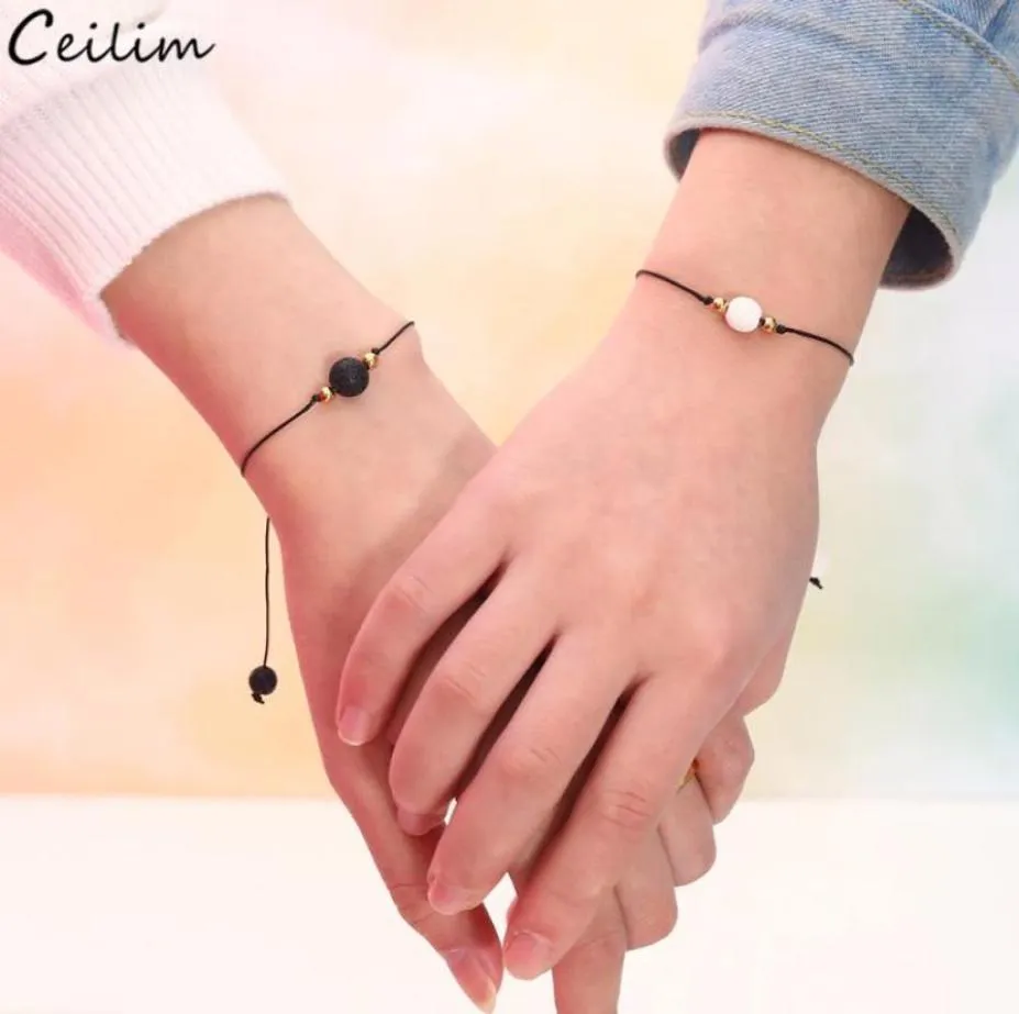 2pcsSet Natural White Black Lava Stone Charm Bracelet Handmade Adjustable Rope Friendship Bracelets Women Men Couple Jewelry6551567