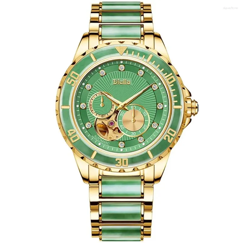Montre-bracelets squella jade watch automatique squelette mécanique tourbillon pour hommes robes de luxe montres bracelettes lumineuses imperméables