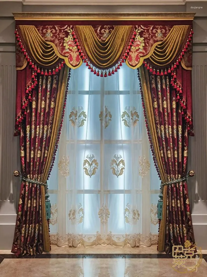 Gordijn aangepaste woonkamer luxe sfeer rood -Amerikaanse villa chenille dikke stoffen black -out tule valance drape c1383