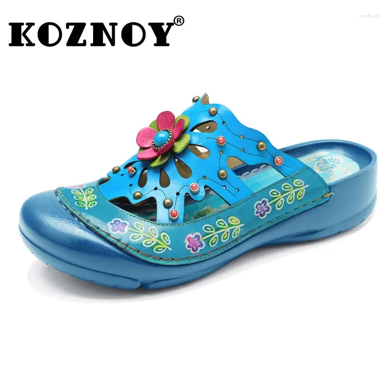 Slippers Koznoy 3cm Appliques imprimées en cuir de mouton en cuir et ethnique Femmes Flats loisirs