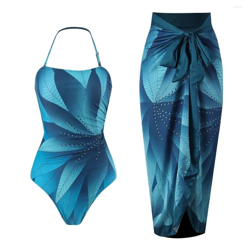 Frauen Badebekleidung 2024 Push Up One -Stück Badeanzug mit Strandrock Retro Frauen sexy Badeanzug gedruckt Strandbekleidung Monokini Schwimm Sommer