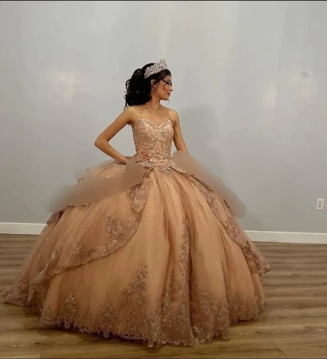 champagne rose gold wedding dress Rose Champagne Sequines Wedding Dresses – TANYA BRIDAL main image 1