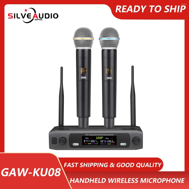 Microfoons gaw-ku08 professionele uhf dual channel handheld draadloos microfoonsysteem voor feest bruiloft speech kerk podium karaoke dj