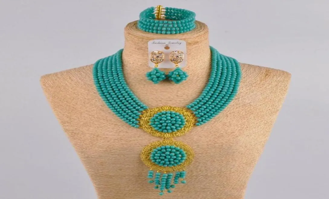 Collier de boucles d'oreilles aqua bleu africain bijoux coffre cristal nigérian ensembles pour femmes 6cls011002151