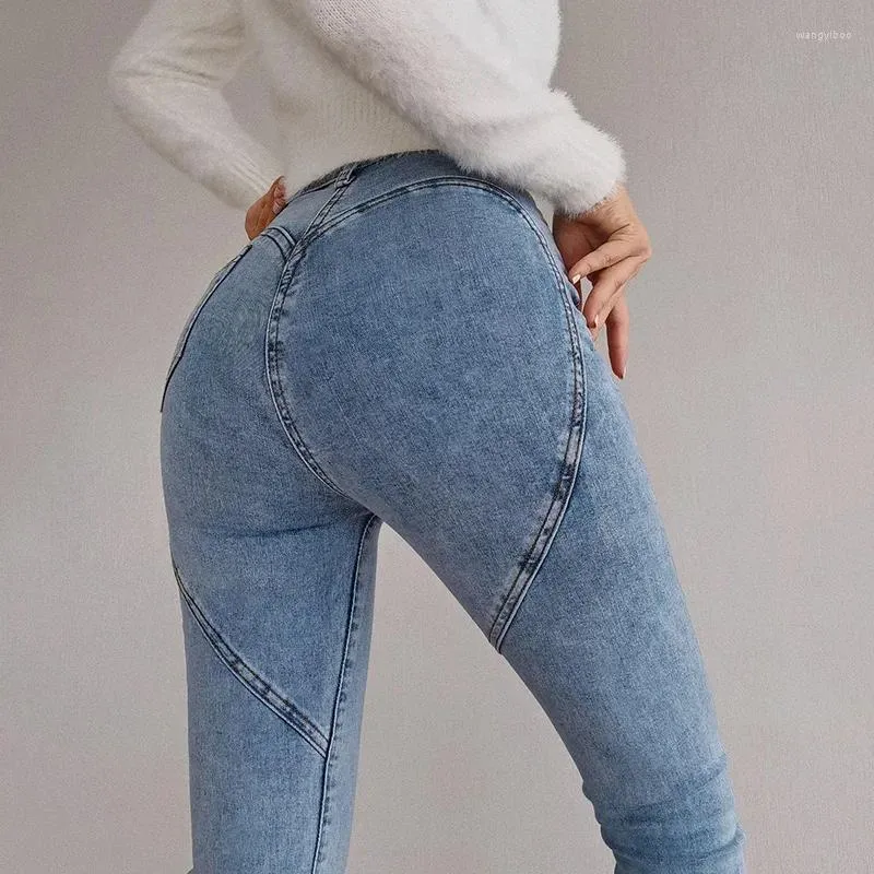 Kvinnors jeans hög midja elastiska mager kvinnor solid vild vintage tvättad stretch slim-fit denim blyertsbyxor streetwear pantalon
