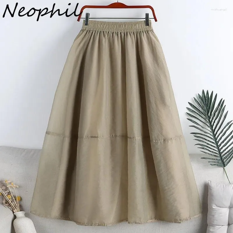 Saias Neophil 2024 Organza Mulheres bolsões de verão Mesh elástica de cintura Tulle Midi Skirt A-line Patchwork Draped Falda Mujer S220501