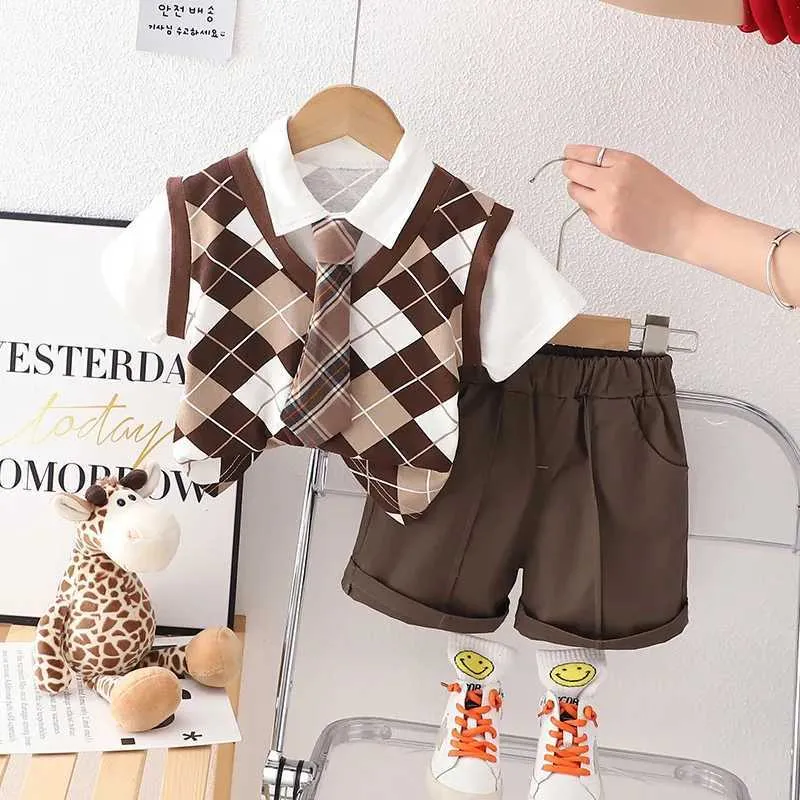 Clothing Sets New Baby Girls Boys Clothing Toddler Summer Fashion School Children Plaid Clothes Suit T Shirt Overalls Pants 2Pcs/Set