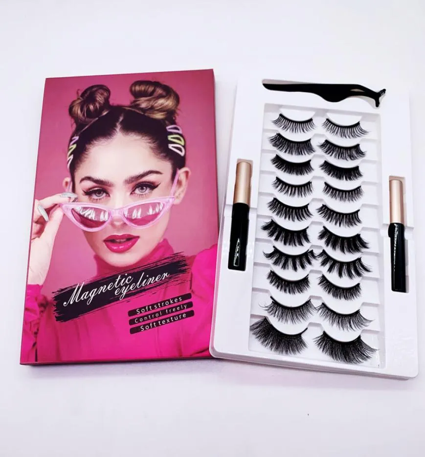 Makyaj Manyetik Eyeliner ve Kirpikler Kit 10 Çift 2 Sıvı Eyeliner Tweezer ile Yeniden Kullanılabilir İpek Yanlış Kirpikler Tutkal Yok 5d 6d Lashes1119908