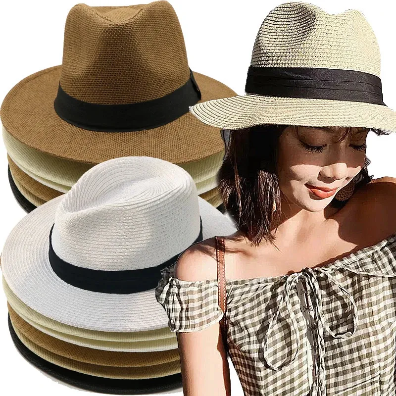 Ręcznie tkany słomkowy kapelusz solidny kolor letni plaża wakacje Panama Jazz Suncreen Women Hawaii Trend Sunshade Gangster Bucket Cap 240429