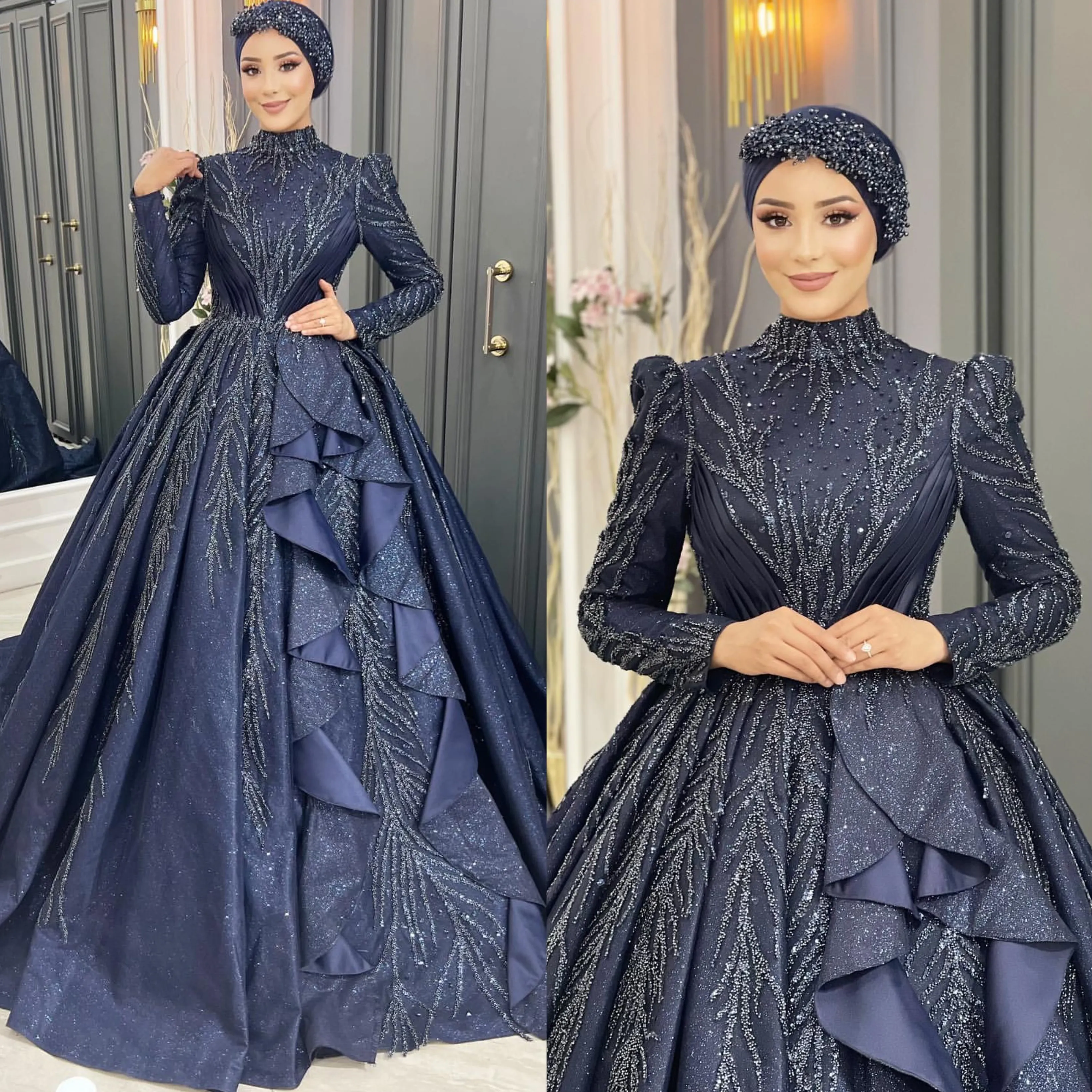 Blue long gown with sleeves best sale