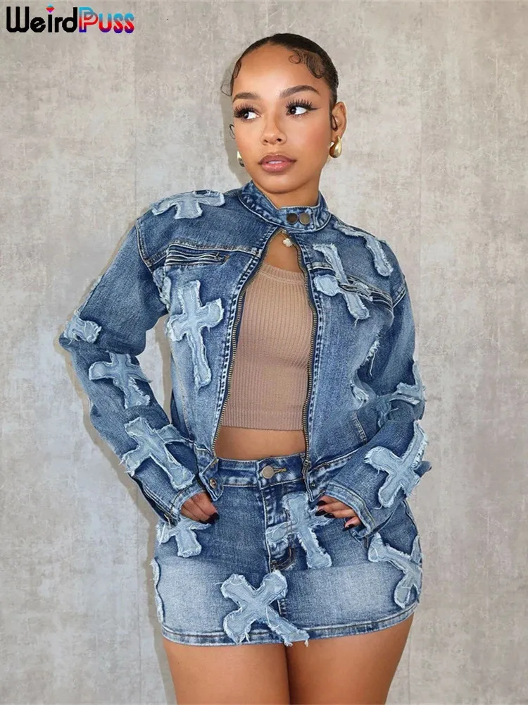 Rare Puss Vintage Women 2 -DIE set half hoge kraag zip Jackethigh taille mini rok hipster streetwear denim borduurpakken 240423