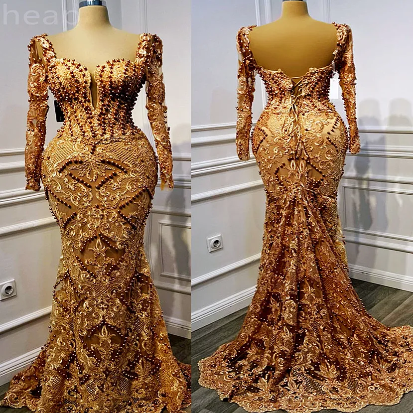 2024 ASO EBI Gold Mermaid Ad vestito perle in pizzo Lussuoso Partito Formale Lussuoso Secondo ricevimento Cuccioli di fidanzamento di 50 ° compleanno Abiti abiti da abiti da Soiree ZJ325